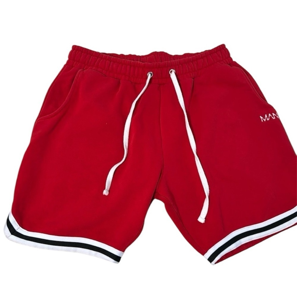 Boohoo Mens Red Drawstring Athletic Shorts with White Trim